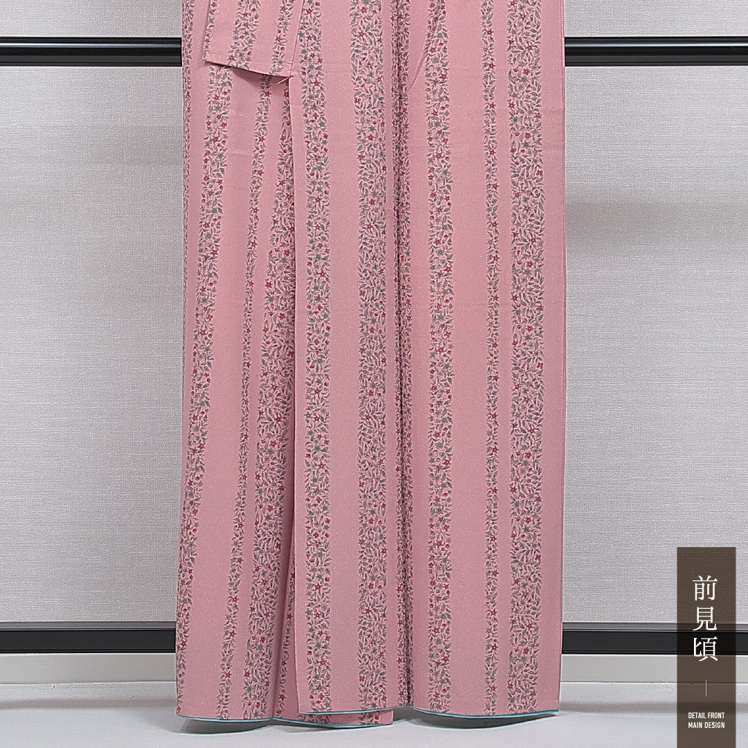 小紋 洗える着物 袷 身丈161cm 裄丈65cm ポリエステル Cランク Lサイズ 広衿 インフォーマル 花柄 ピンク系 1215-16103