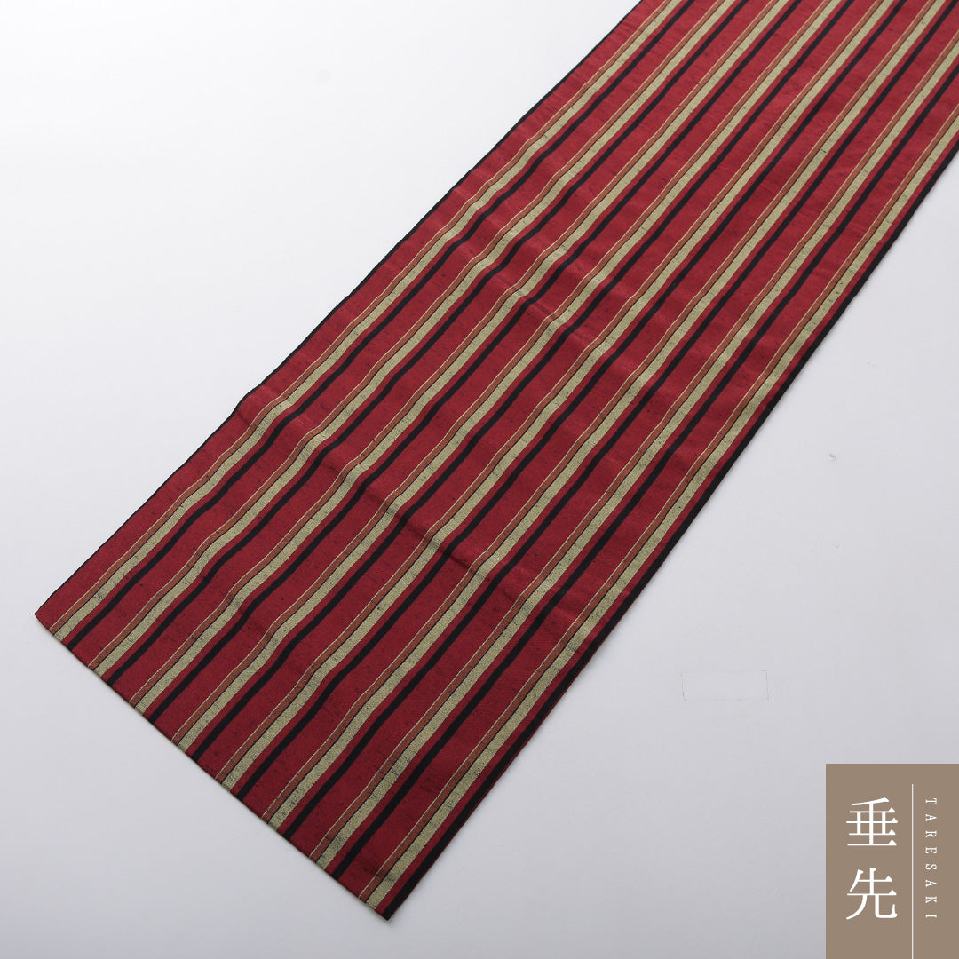 九寸名古屋帯 Sランク 帯丈364cm 木綿 洗える帯 全通 名古屋仕立て 織り カジュアル 遠州綿紬 縞 赤系 RP 1245-03716
