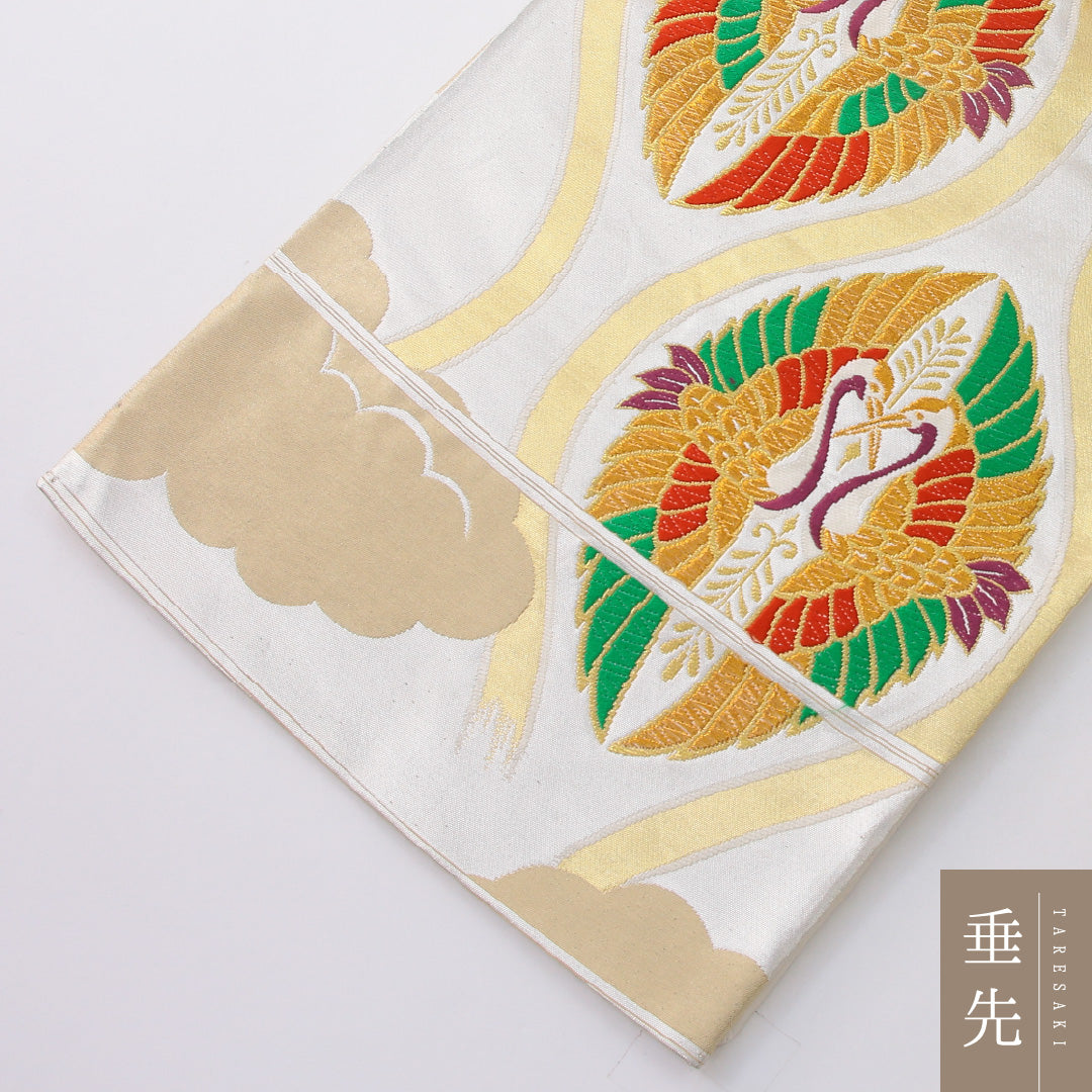 袋帯 帯丈420cm フォーマル 六通 帯芯なし Sランク 正絹 向かい鳥 よろけ縞 白系 1223-02245