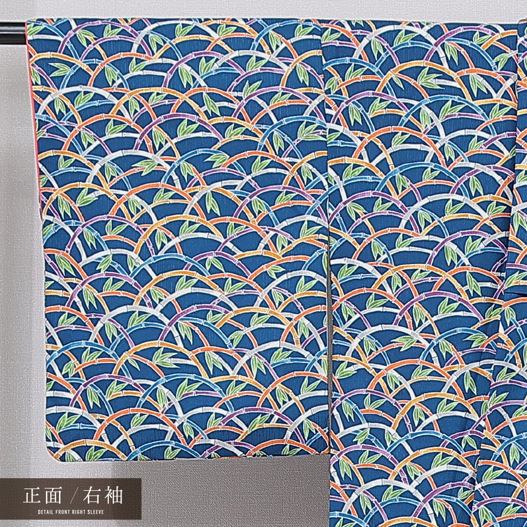 小紋 洗える着物 袷 身丈163cm 裄丈64cm ポリエステル Sランク Lサイズ 広衿 インフォーマル 竹 笹 青系 1215-15793