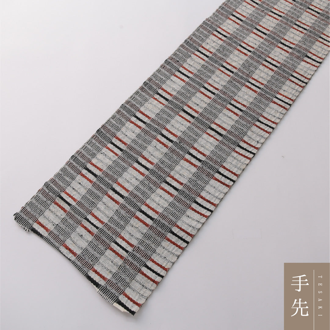 八寸名古屋帯 Cランク 帯丈328cm ポリエステル 洗える帯 全通 開き仕立て 織り カジュアル 斜子織 幾何学柄 グレー系・白系 RP 1245-03258
