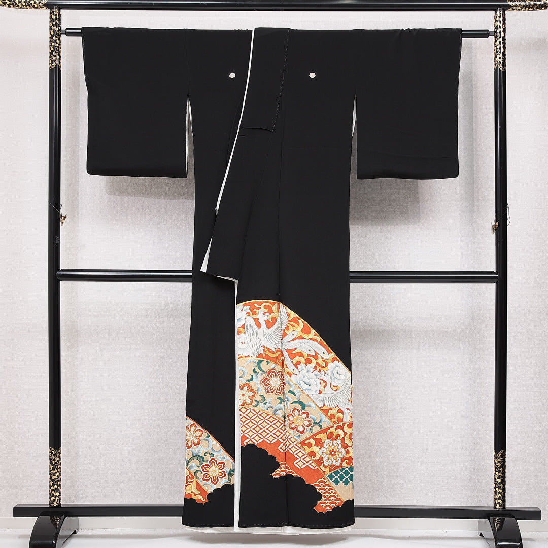 黒留袖 袷 身丈157cm 裄丈64cm 五つ紋 蔦 フォーマル Aランク Mサイズ 正絹 比翼仕立て 広衿 雉 唐草 1211-F0635