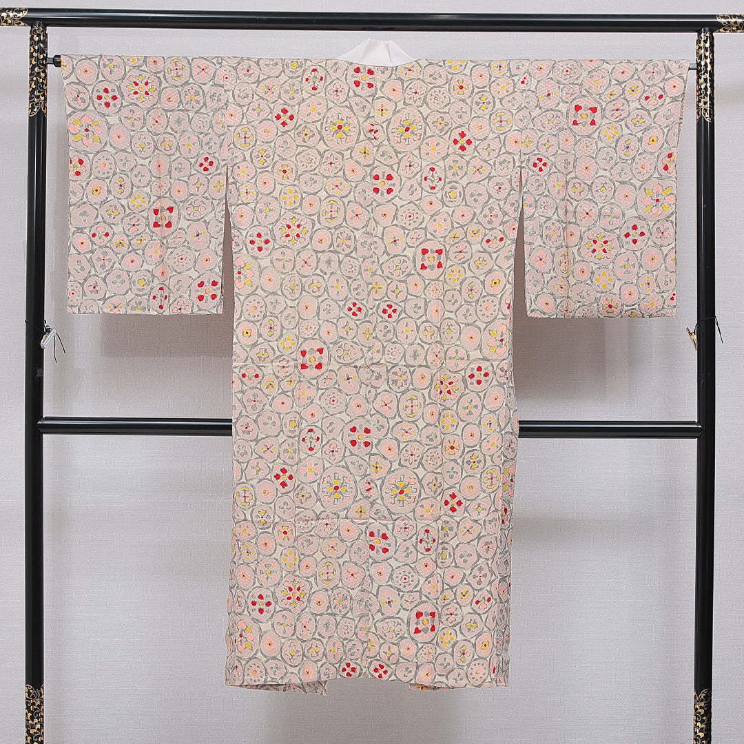 アンティーク 長襦袢 無双袖 身丈133cm 裄丈65cm 正絹 Aランク XLサイズ 創作柄 ベージュ系 RP 1239-16701