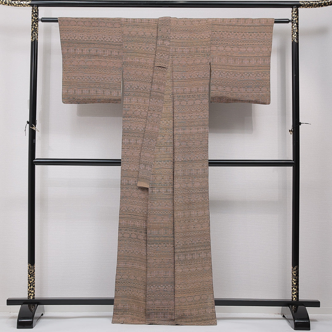 小紋 袷 身丈165cm 裄丈65cm 正絹 Sランク インフォーマル バチ衿 XLサイズ 花柄 茶系 RP 1221-15436