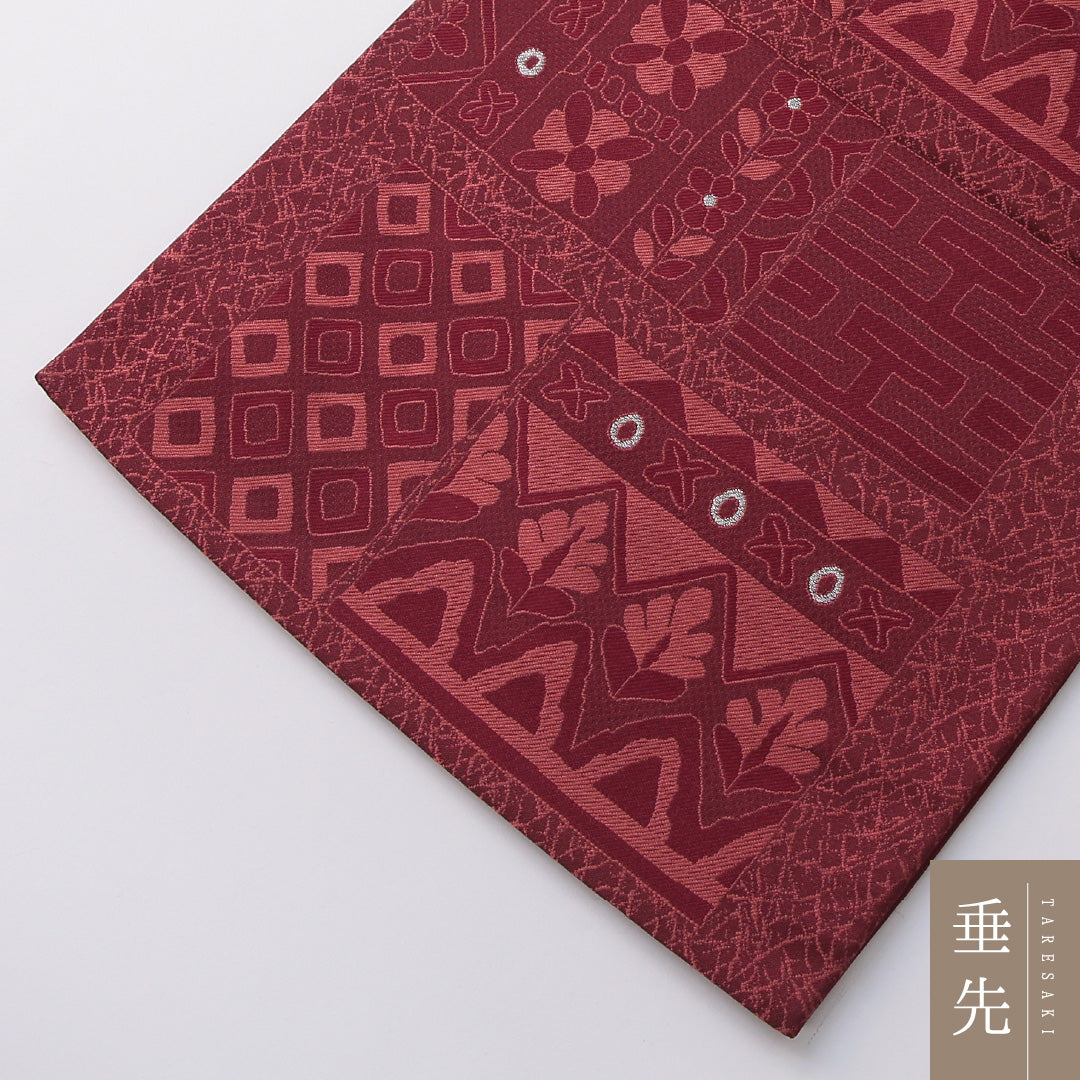 袋帯 帯丈436cm セミフォーマル 六通 帯芯なし Sランク 正絹 幾何学柄 赤系 1223-01973