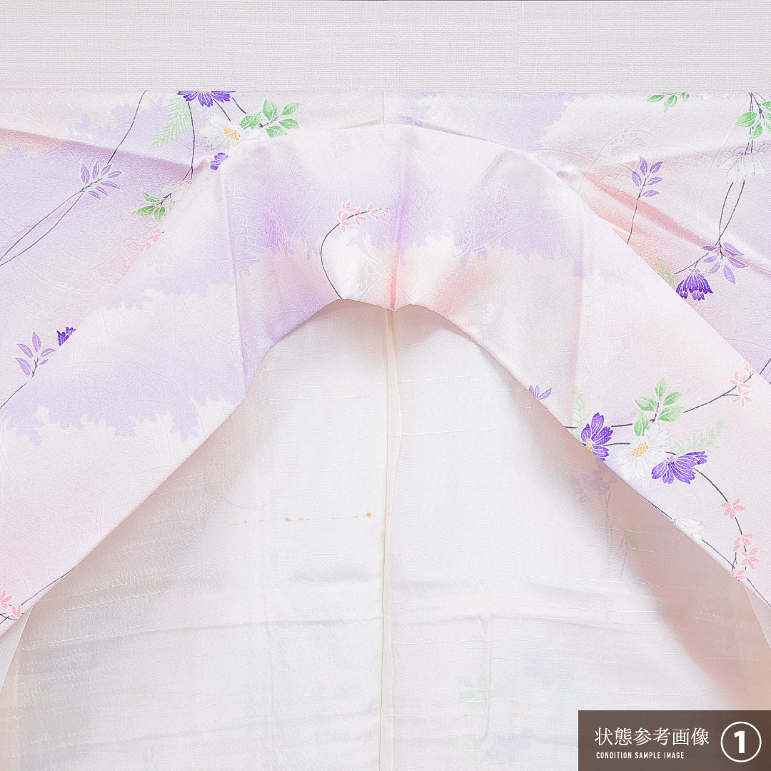 洗える着物 小紋 袷 身丈158cm 裄丈66cm ポリエステル Bランク インフォーマル 広衿 Mサイズ 花柄 ピンク系 HP 1221-16325