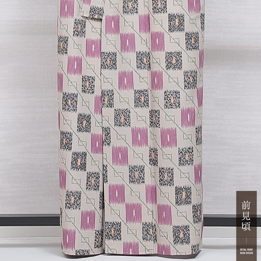 洗える着物 小紋 袷 身丈161cm 裄丈64cm ポリエステル Sランク インフォーマル バチ衿 Lサイズ 絣柄 グレー系 RP 1221-16311