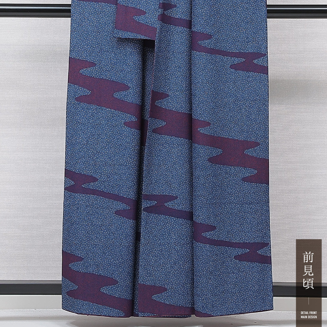洗える着物 小紋 袷 身丈159cm 裄丈62cm ポリエステル Sランク インフォーマル 広衿 Mサイズ 抽象柄 青系 RP 1221-15835