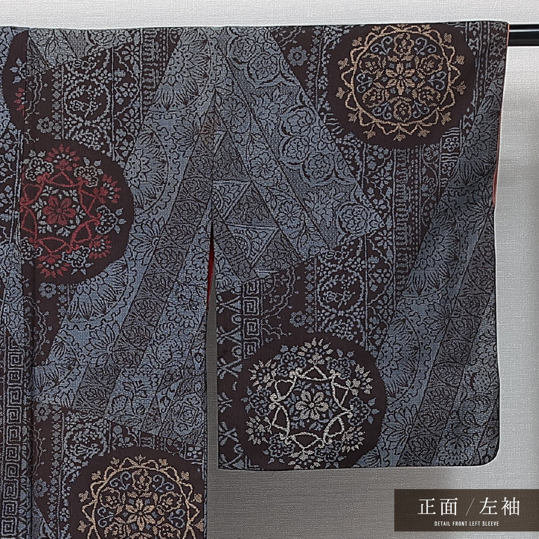 アンティーク 紬 袷 身丈148cm 裄丈63cm 正絹 Aランク XSサイズ 広衿 鏡裏文 グレー系 青系 1216-14724