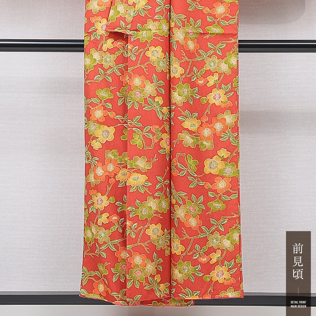洗える着物 小紋 袷 身丈152cm 裄丈62cm ポリエステル Aランク インフォーマル バチ衿 Sサイズ 梅 赤系 HP 1221-15782