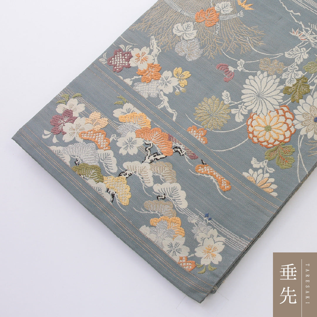 アンティーク 丸帯 帯丈414cm 正絹 全通 四季草花 水色系 グレー系 1242-02201