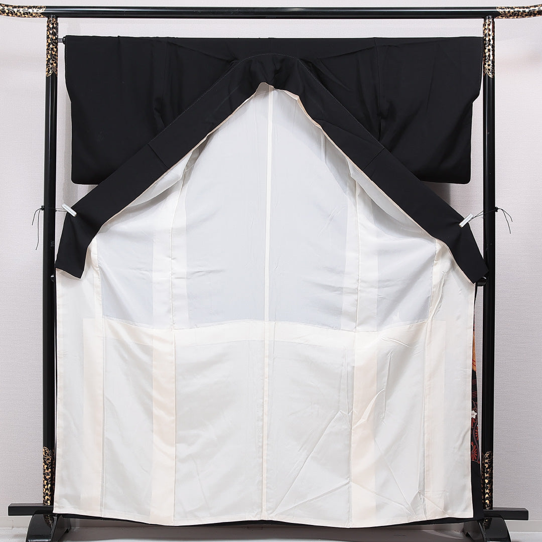 黒留袖 袷 身丈165cm 裄丈67cm 五つ紋 五三桐 フォーマル Cランク XLサイズ 正絹 比翼仕立て 広衿 鶴 刺繍 1211-F0763