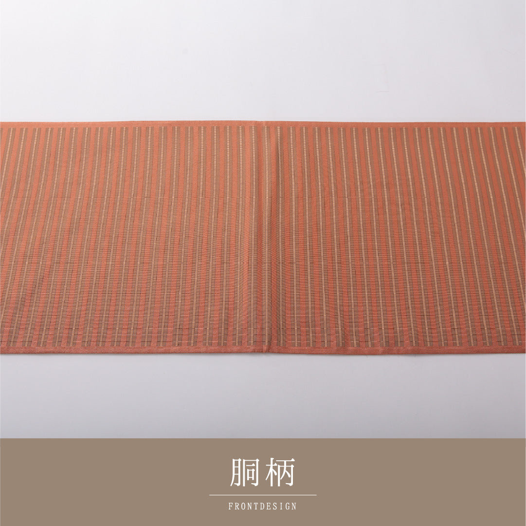 九寸名古屋帯 Sランク 帯丈440cm 正絹 六通 開き仕立て 帯芯なし 織り カジュアル 縞 茶に近い朱系 LP 1245-03601