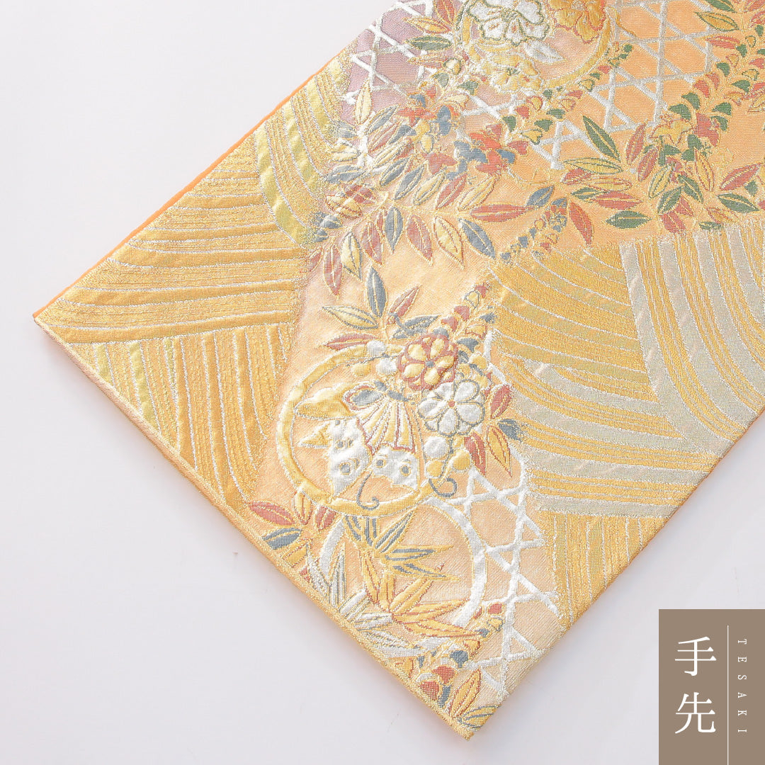 袋帯 帯丈436cm 正絹 六通 帯芯なし フォーマル 裂取り 吉祥文様 金系 1243-02265