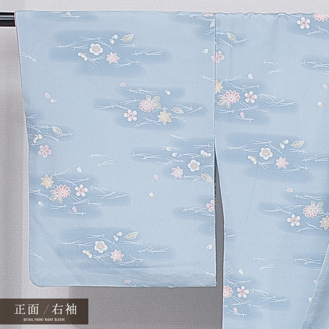 小紋 洗える着物 袷 身丈164cm 裄丈68cm ポリエステル Sランク Lサイズ 広衿 インフォーマル 梅 紅葉 水色系 1215-15796