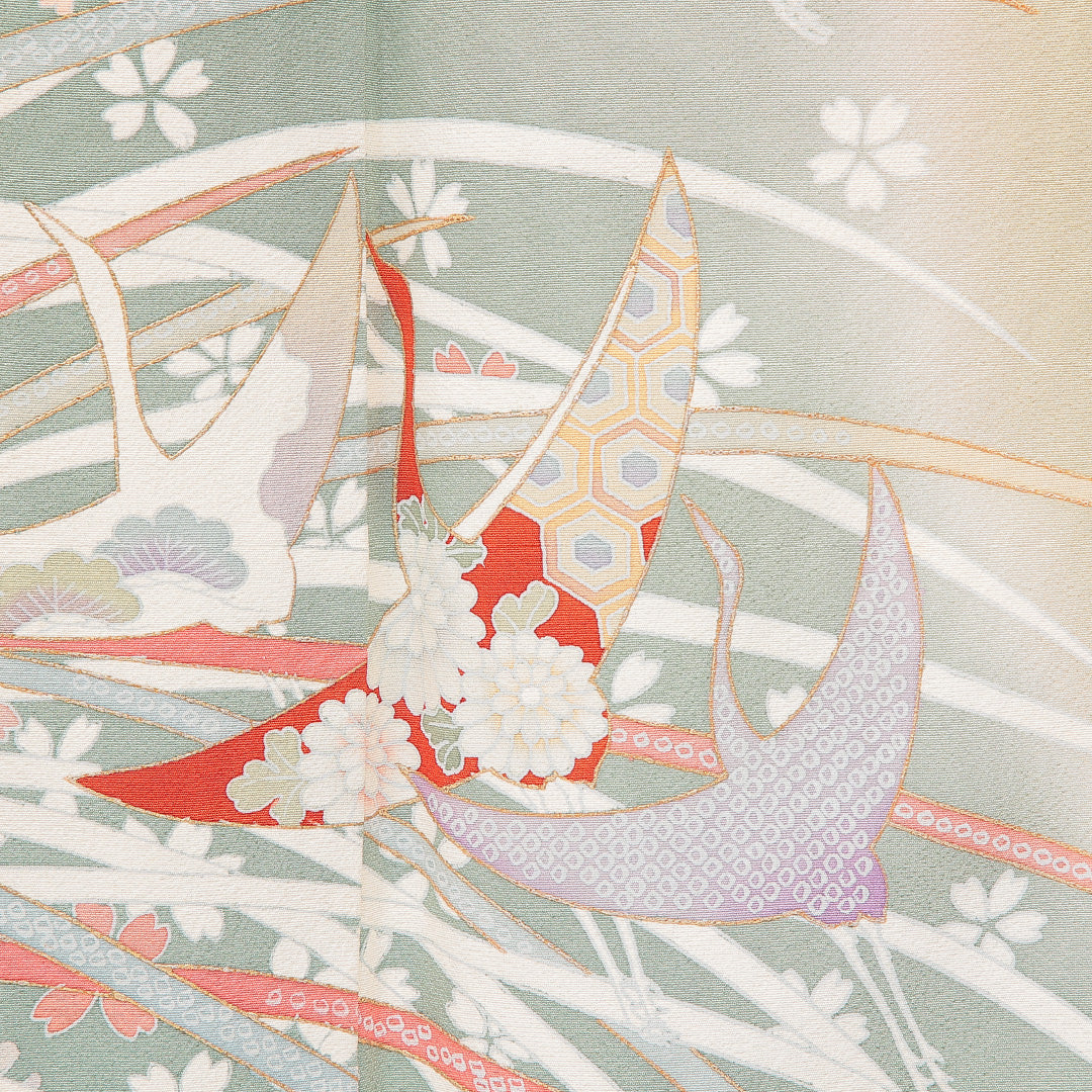 訪問着 袷 身丈159cm 裄丈65cm 正絹 Aランク Mサイズ 広衿 セミフォーマル 鶴 桜 緑系 1212-16892