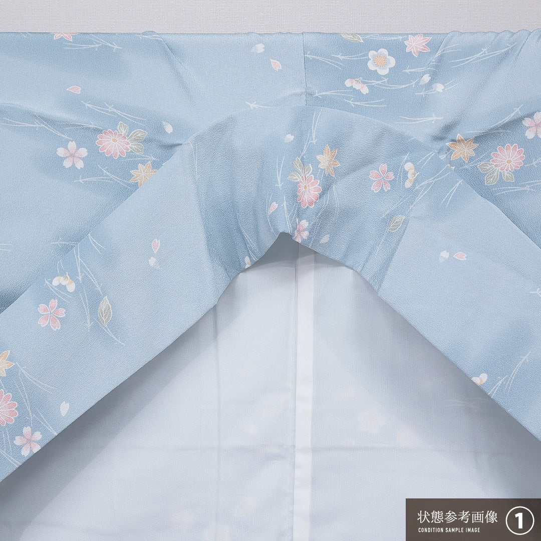 小紋 洗える着物 袷 身丈164cm 裄丈68cm ポリエステル Sランク Lサイズ 広衿 インフォーマル 梅 紅葉 水色系 1215-15796