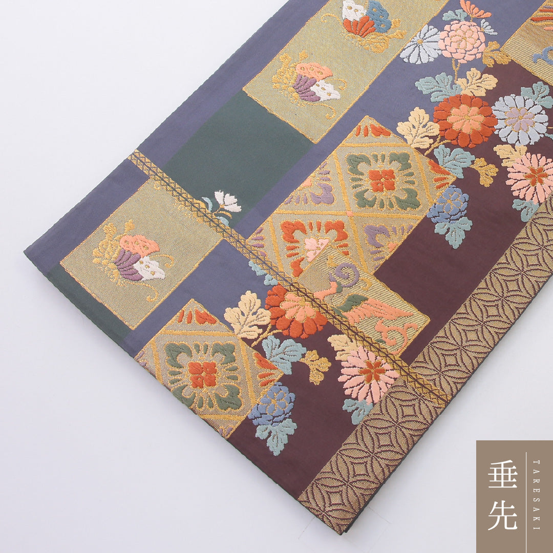 袋帯 帯丈432cm 正絹 六通 帯芯なし フォーマル 裂取り 鳳凰 吉祥文様 グレー系 1243-02202