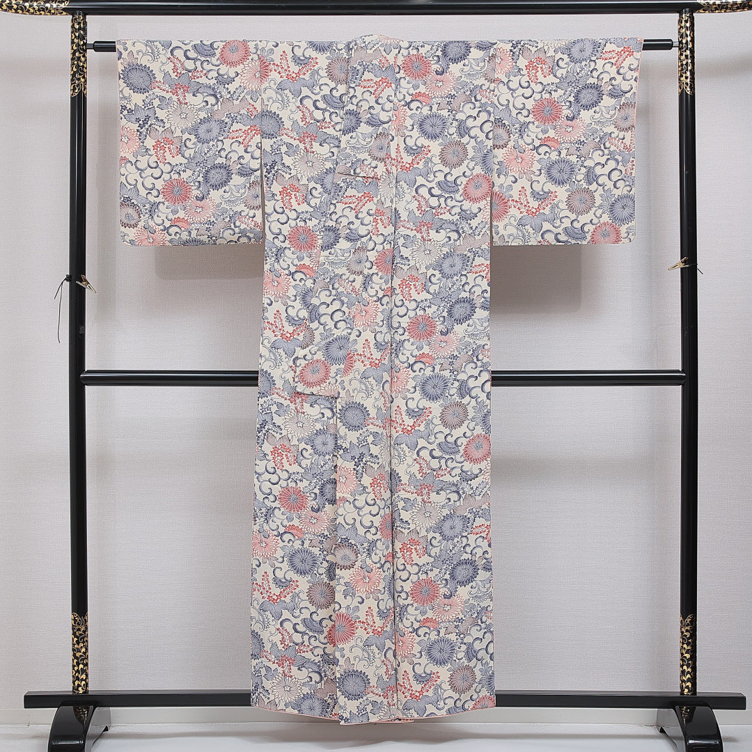 小紋 袷 身丈154cm 裄丈64cm 正絹 Sランク インフォーマル 広衿 Sサイズ 唐草 菊 桐 クリーム系 RP 1221-16084