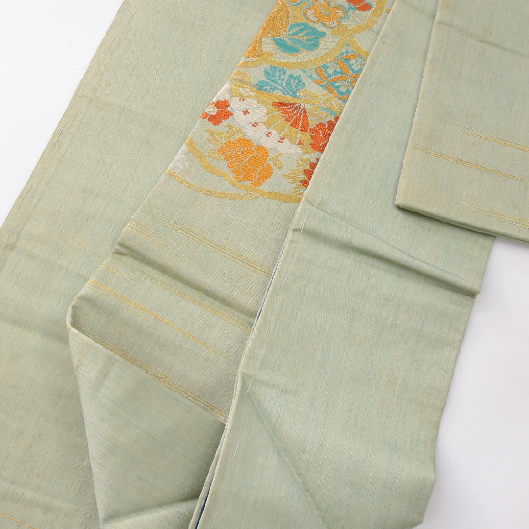 アンティーク 九寸名古屋帯 帯丈342cm 名古屋仕立て 六通 Cランク 正絹 花柄 緑系 1224-04048