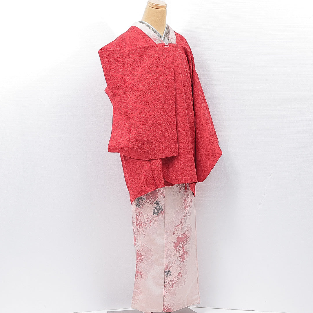 道行コート 袷 身丈84cm 裄丈66cm 正絹 Sランク Mサイズ フォーマル ポケットあり 無地 赤系 1263-15134