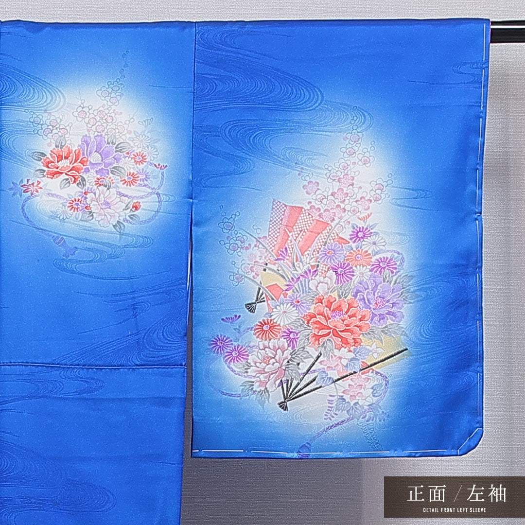 訪問着 洗える着物 袷 身丈159cm 裄丈62cm ポリエステル Sランク Mサイズ 広衿 セミフォーマル 紋意匠 流水 古典柄 ぼかし染 青系 1212-16083