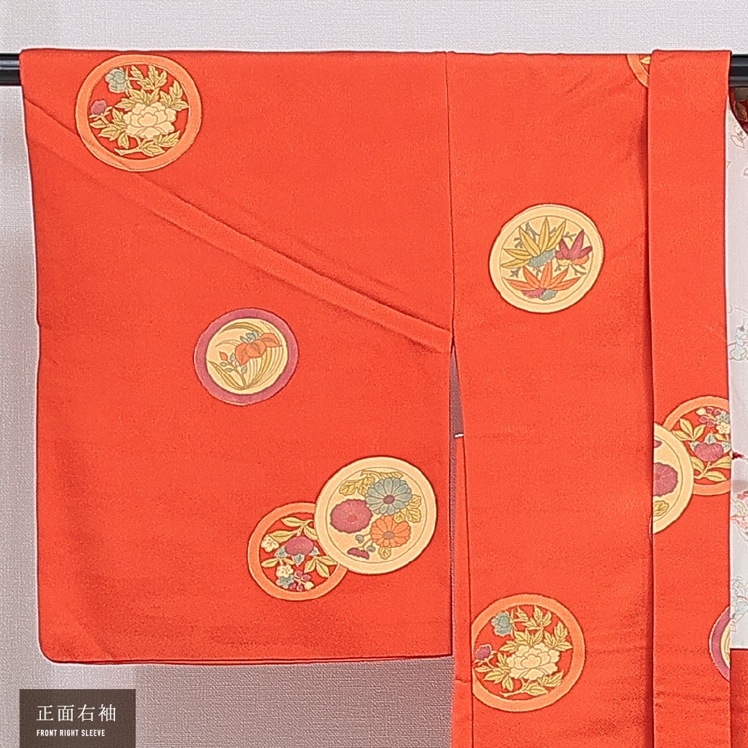 羽織 袷 身丈79cm 裄丈65cm 正絹 Sランク カジュアル Mサイズ 紐あり 花柄 丸文 朱系 RP 1232-16128