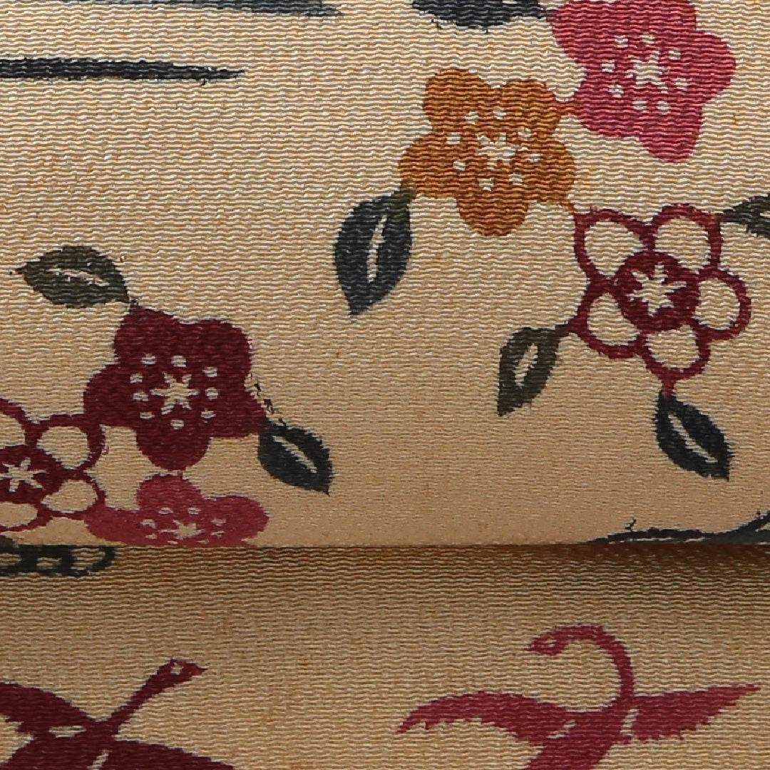 九寸名古屋帯 Cランク 帯丈351cm 正絹 六通 名古屋仕立て 織り インフォーマル 花鳥風月 ベージュ系 HP 1245-03615