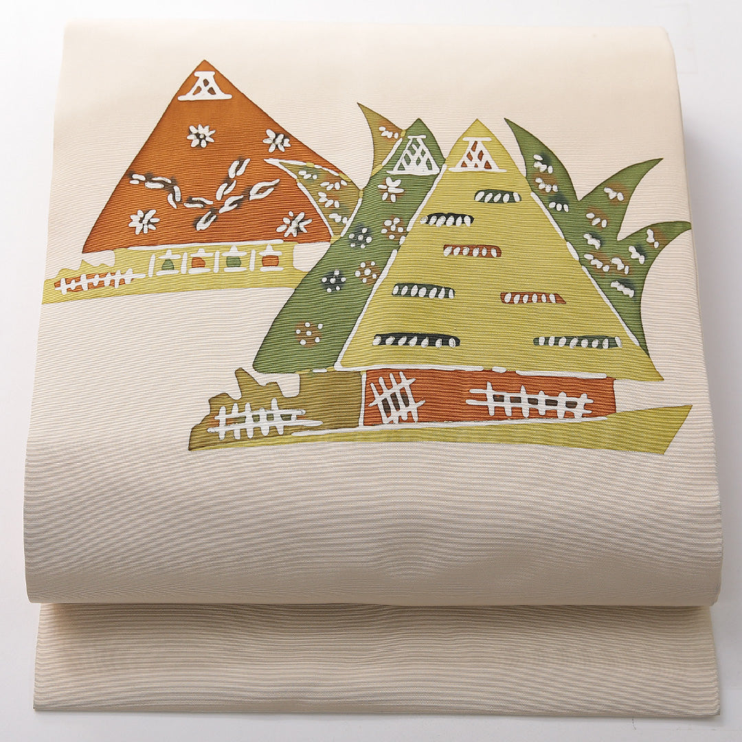 九寸名古屋帯 帯丈334cm カジュアル 名古屋仕立て ポイント柄 Bランク 正絹 染め帯 塩瀬 茶屋辻 クリーム系 1224-03827