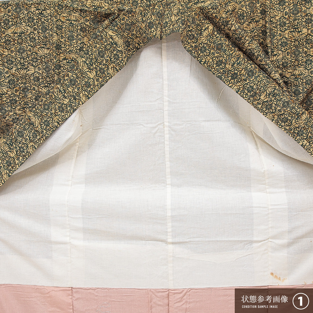 小紋 袷 身丈147cm 裄丈63cm 正絹 Aランク インフォーマル 広衿 XSサイズ 染め紬 蜀江 菊 黄系 RP 1221-15564