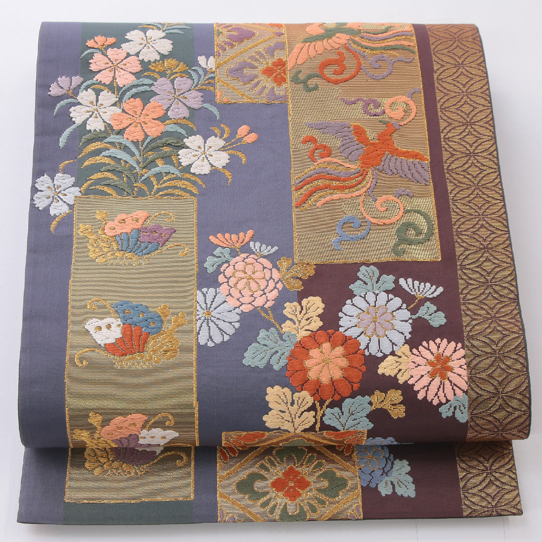 袋帯 帯丈432cm 正絹 六通 帯芯なし フォーマル 裂取り 鳳凰 吉祥文様 グレー系 1243-02202