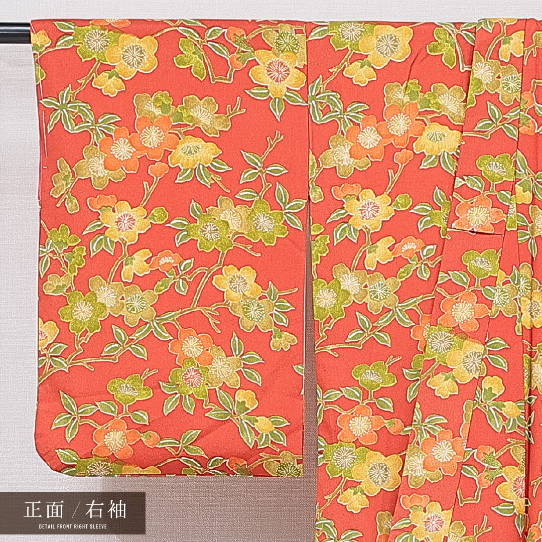 洗える着物 小紋 袷 身丈152cm 裄丈62cm ポリエステル Aランク インフォーマル バチ衿 Sサイズ 梅 赤系 HP 1221-15782