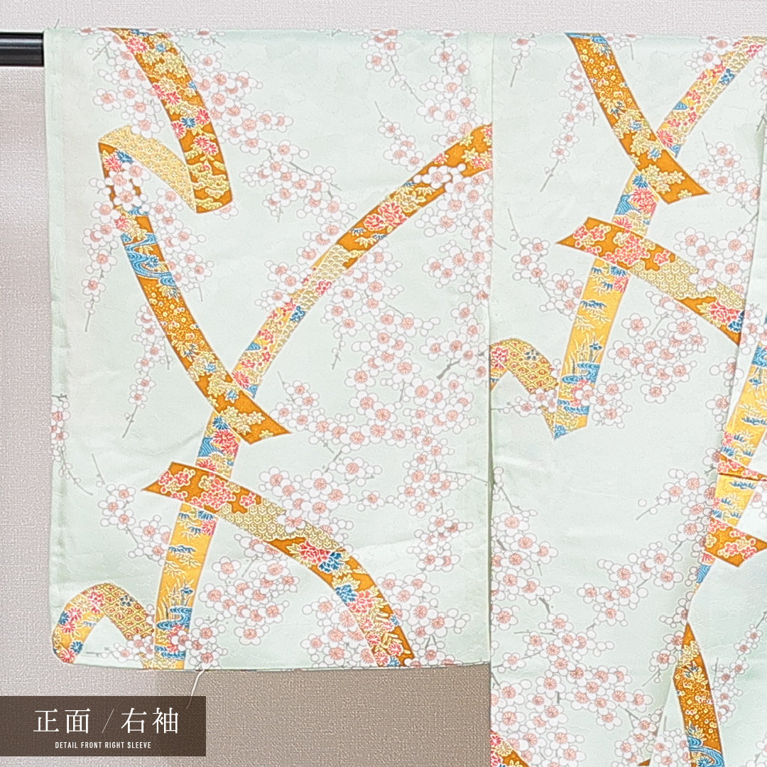 洗える着物 小紋 袷 身丈162cm 裄丈65cm ポリエステル Aランク インフォーマル 広衿 Lサイズ 短冊 梅 緑系 RP 1221-16022