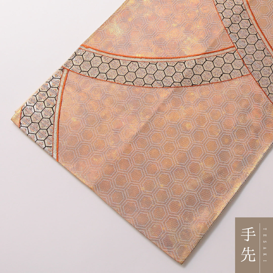 袋帯 帯丈424cm 正絹 六通 セミフォーマル 花菱亀甲 金系 1243-01847