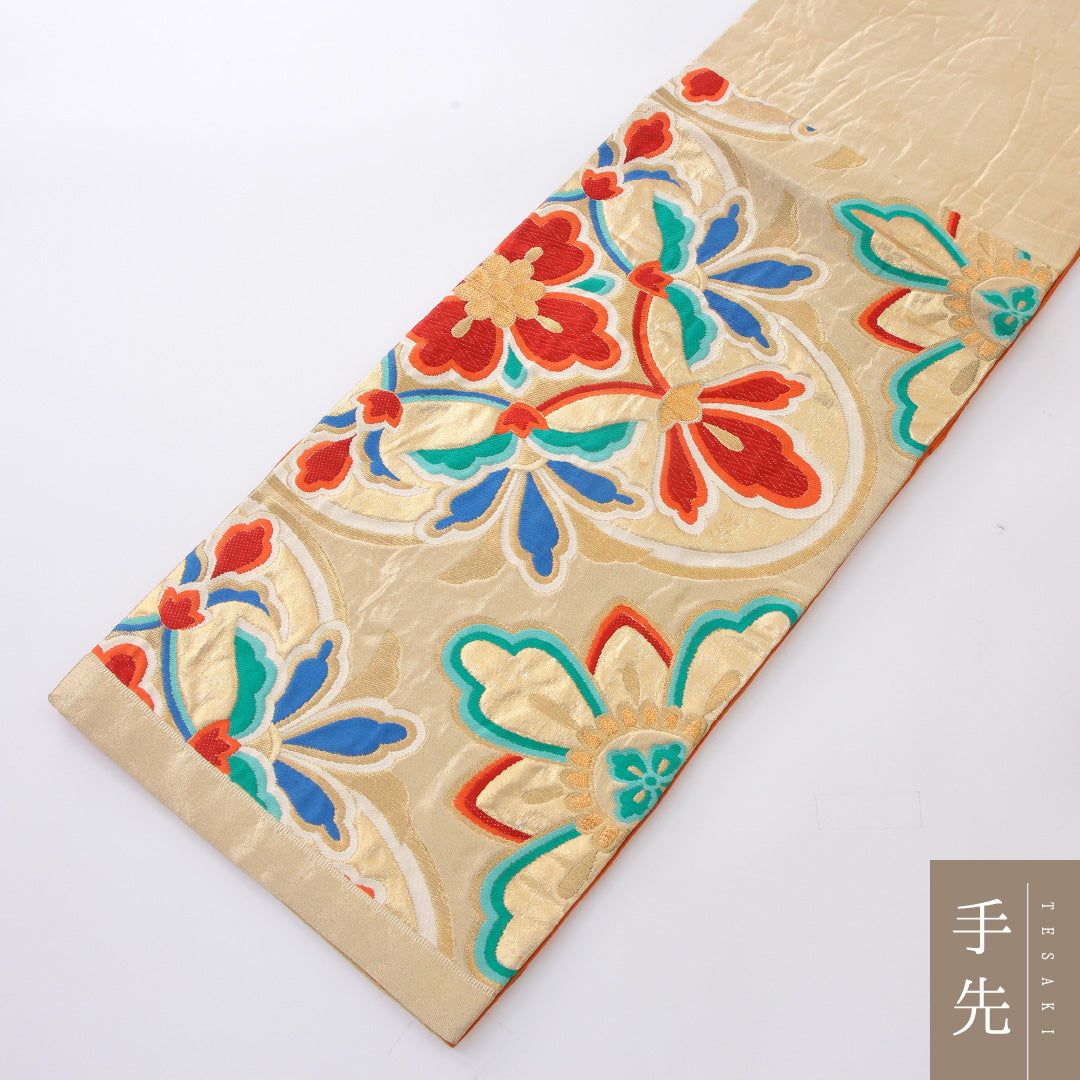 袋帯 帯丈416cm 正絹 六通 フォーマル 唐織 宝相華 金系 1243-02185