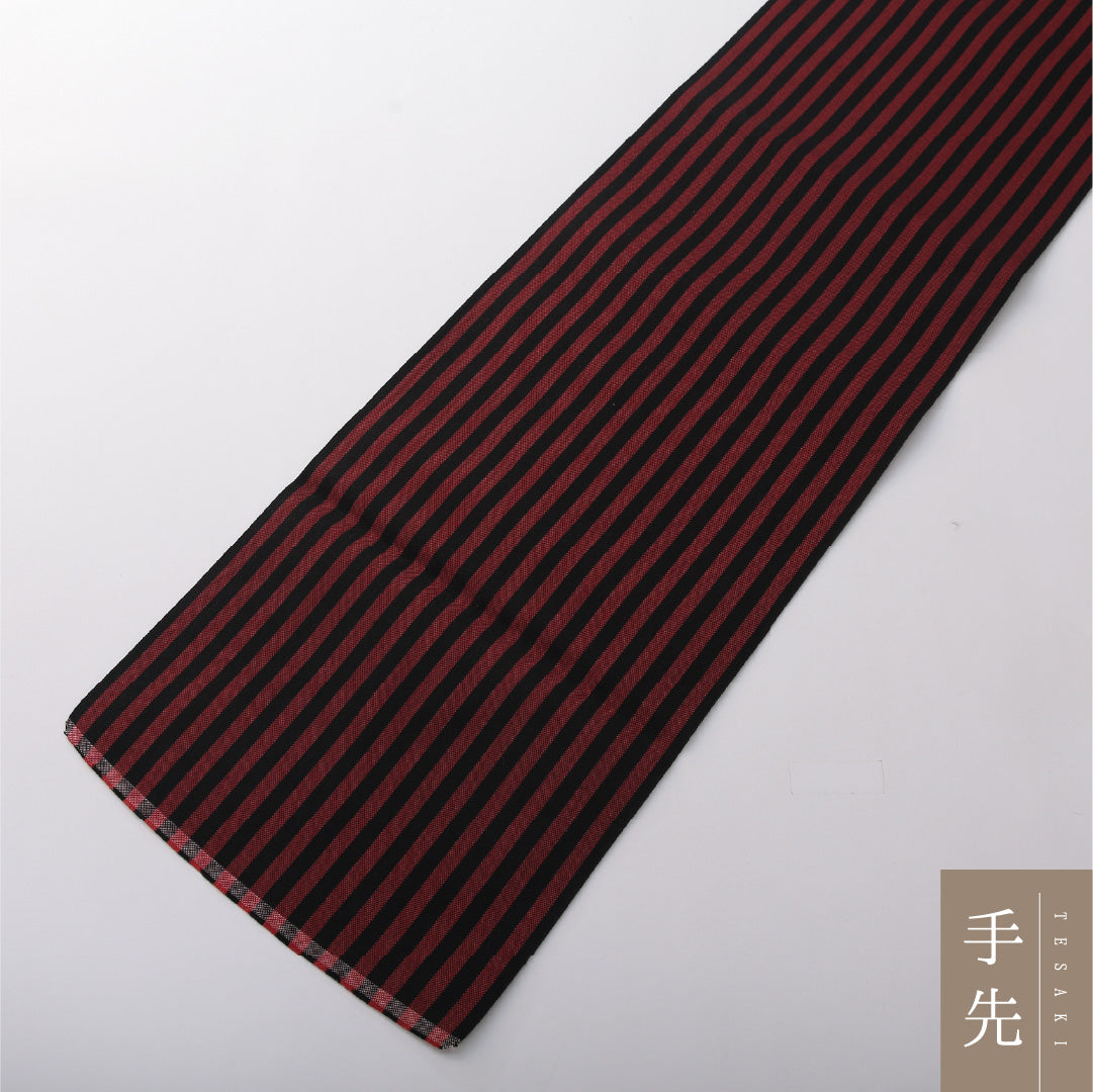 八寸名古屋帯 Sランク 帯丈436cm 正絹 全通 開き仕立て 未仕立て 帯芯なし 織り カジュアル 縞 赤系・黒系 LP 1245-03614