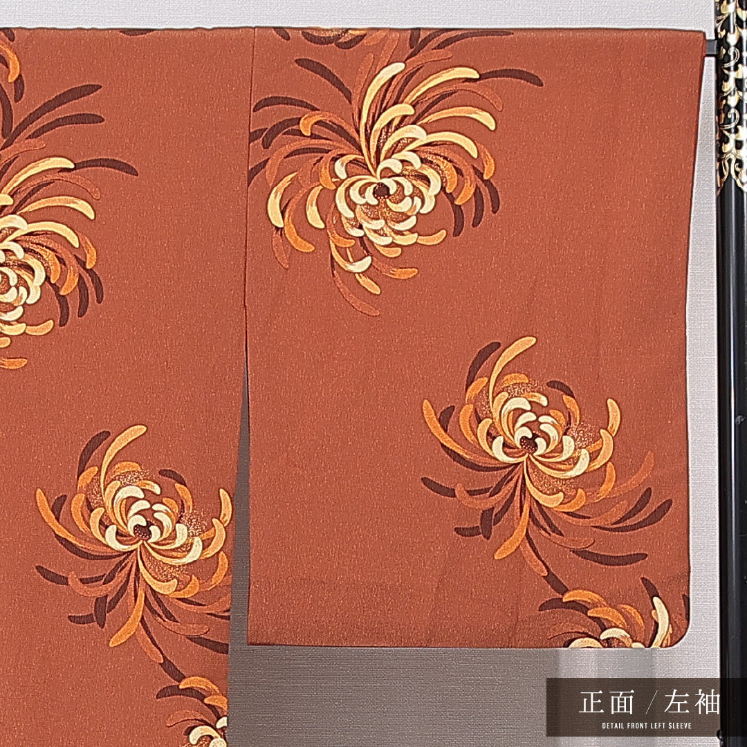 小紋 袷 身丈171cm 裄丈68cm 正絹 Sランク インフォーマル 広衿 2XLサイズ 菊 茶系 RP 1221-15714