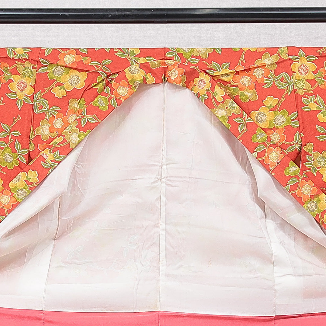 洗える着物 小紋 袷 身丈152cm 裄丈62cm ポリエステル Aランク インフォーマル バチ衿 Sサイズ 梅 赤系 HP 1221-15782