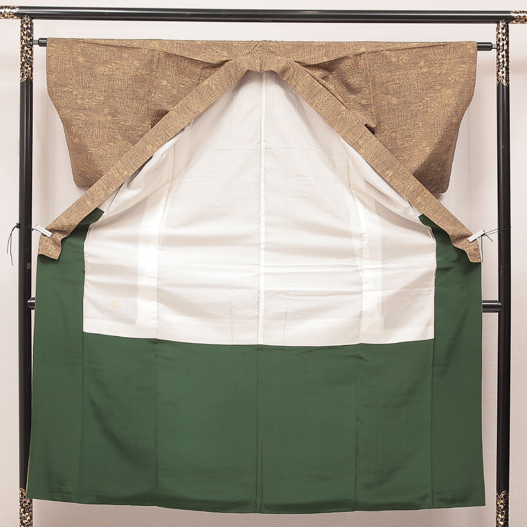 紬 袷 身丈150cm 裄丈62cm 正絹 Bランク カジュアル バチ衿 Sサイズ 植物柄 茶系 RP 1223-16919