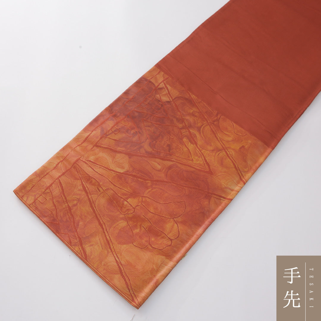 未使用品 袋帯 帯丈428cm 正絹 六通 インフォーマル ふくれ織 創作柄 証紙 朱系 1243-02289