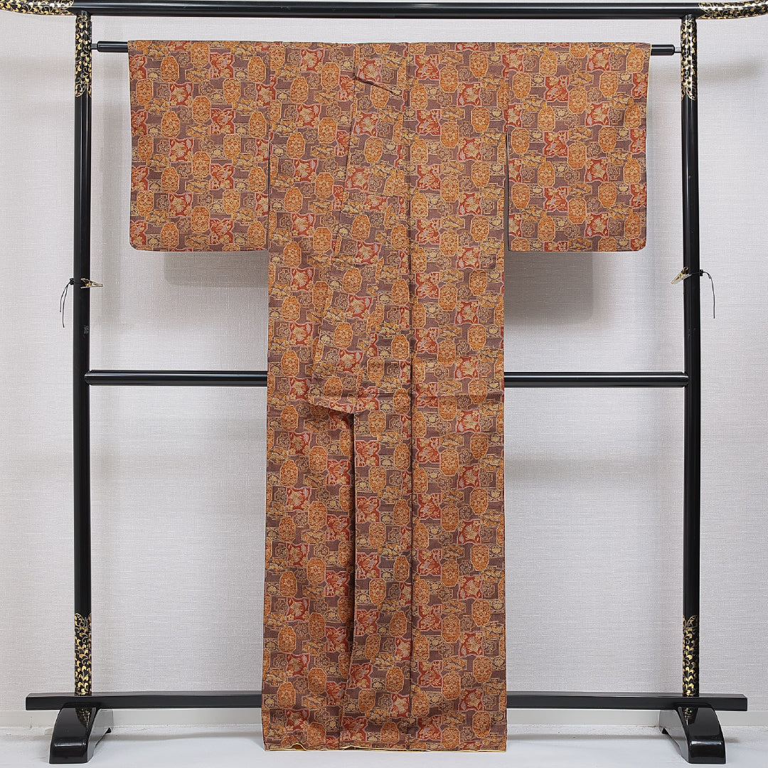 小紋 袷 身丈165cm 裄丈64cm 正絹 Aランク インフォーマル 広衿 XLサイズ 鳥 花柄 茶系 RP 1221-15934