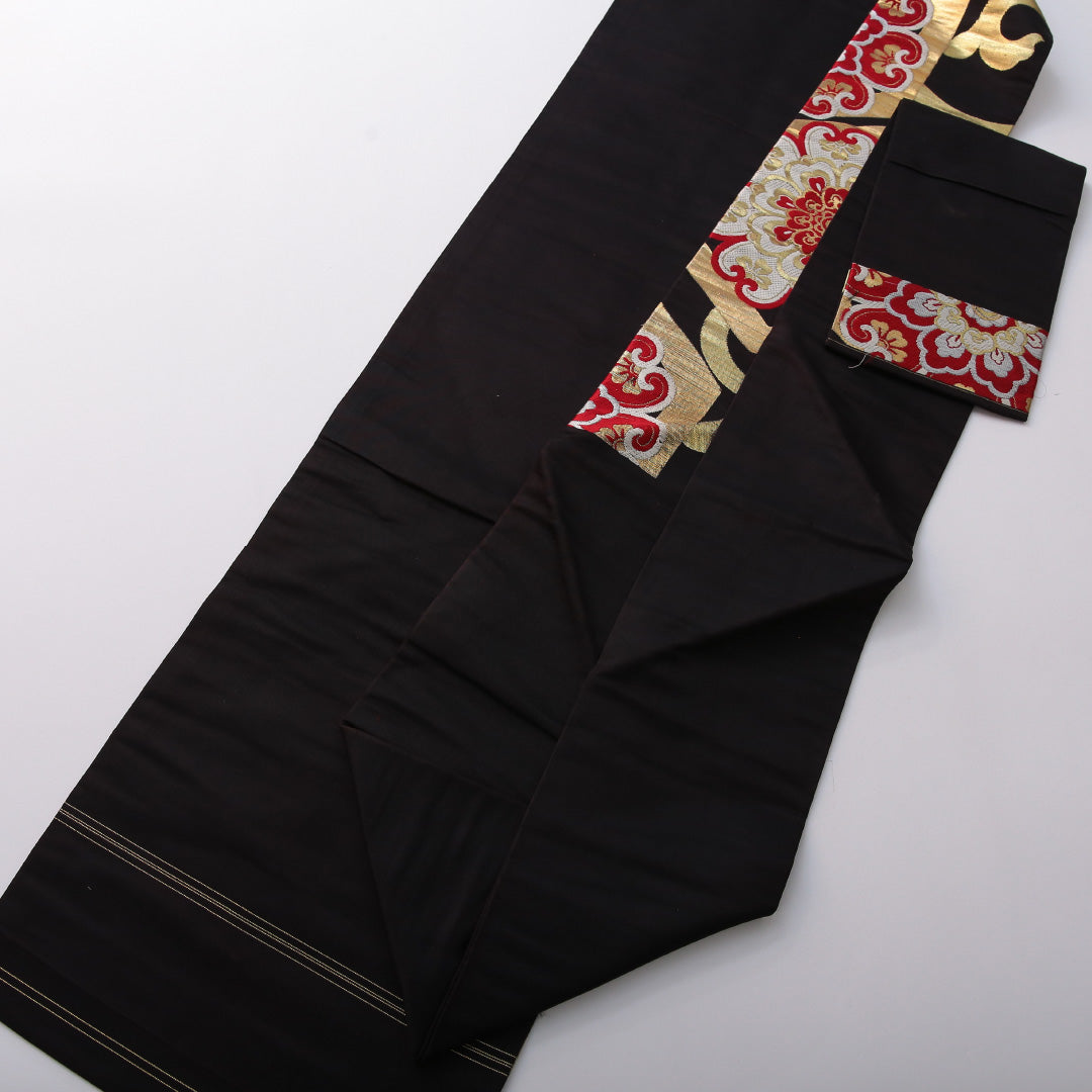 アンティーク 九寸名古屋帯 帯丈332cm セミフォーマル 名古屋仕立て 六通 Bランク 正絹 唐草 亀甲 黒系 1224-03543