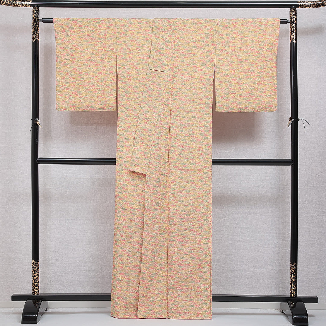 洗える着物 紬 袷 身丈163cm 裄丈66cm ポリエステル Sランク カジュアル 広衿 Lサイズ 染め紬 渦巻 多色系 RP 1223-16055
