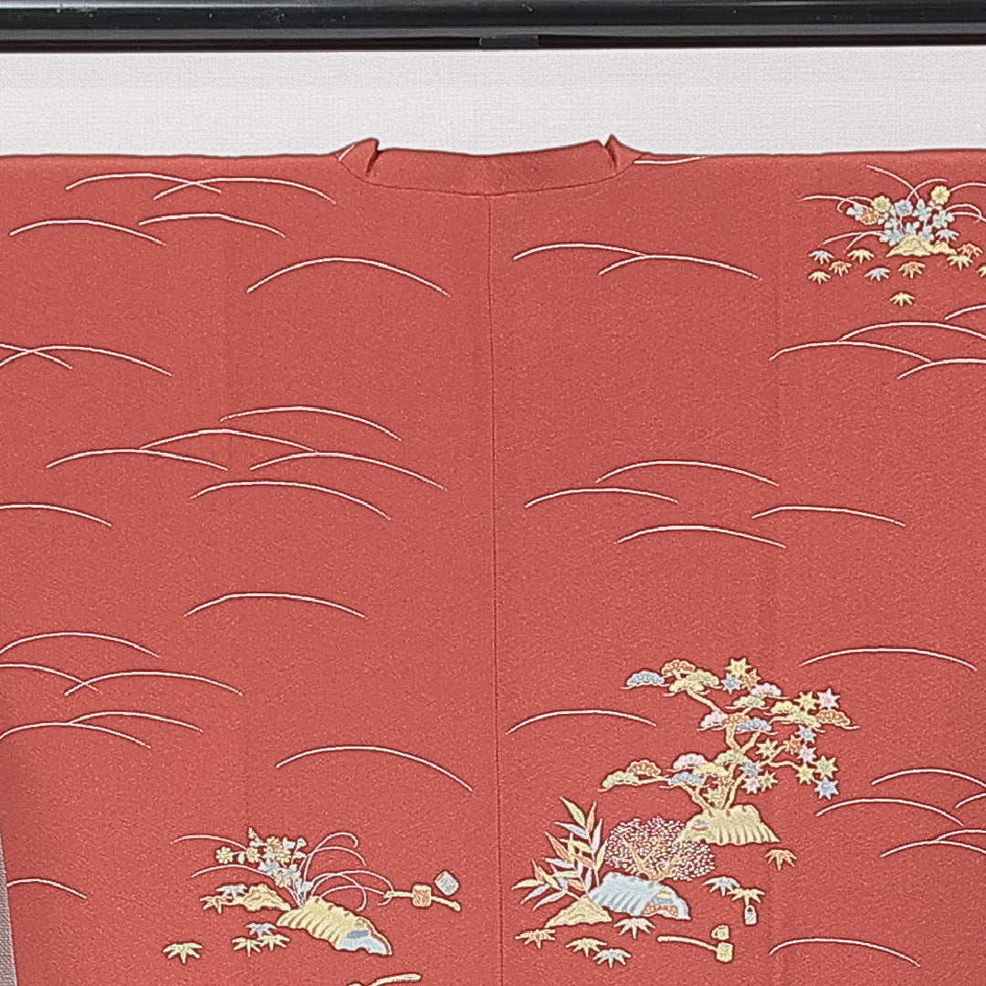 道行コート 袷 身丈87cm 裄丈65cm 正絹 Sランク Mサイズ フォーマル ポケットあり 松 赤系 朱系 1263-15129