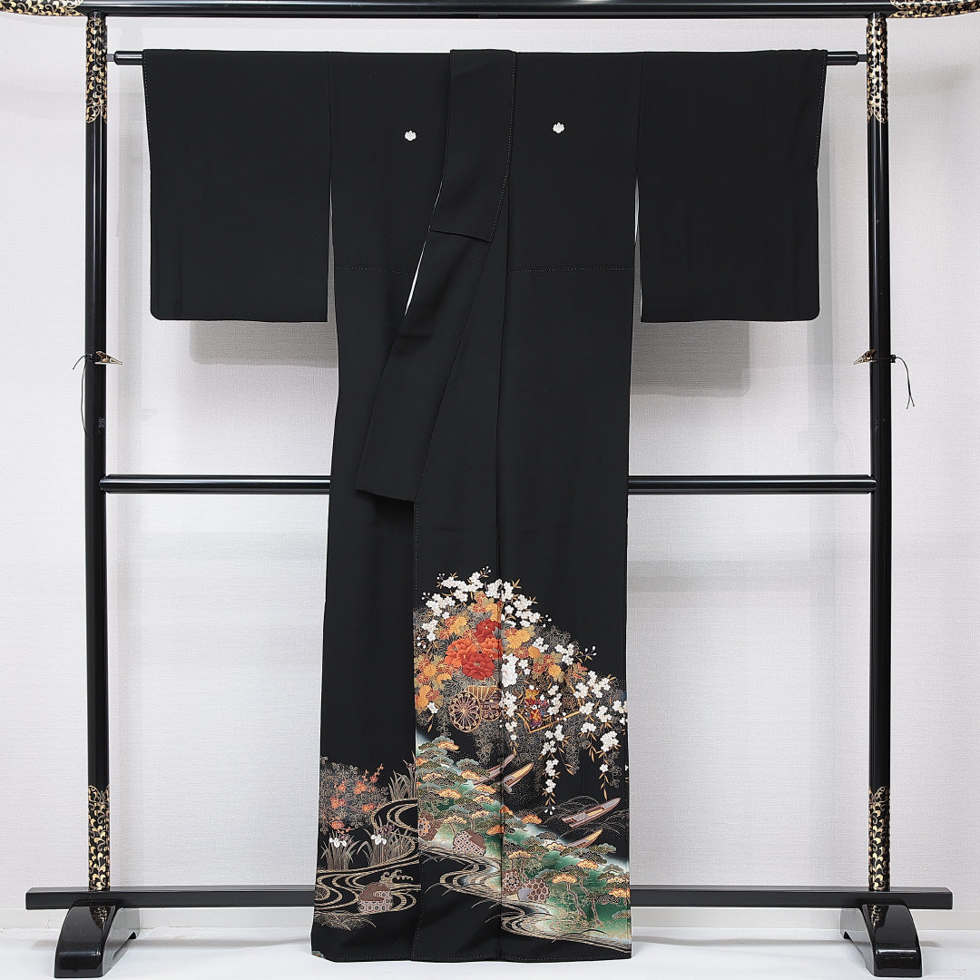 黒留袖 袷 身丈162cm 裄丈64cm 五つ紋 五三桐 フォーマル Sランク Lサイズ 正絹 比翼仕立て 広衿 花車 菊 1211-F0659