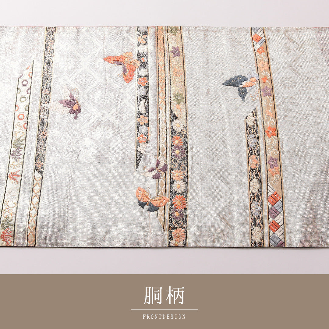 袋帯 帯丈424cm 正絹 六通 フォーマル 裂取り 蝶 吉祥文様 金系 ピンク系 1243-01788