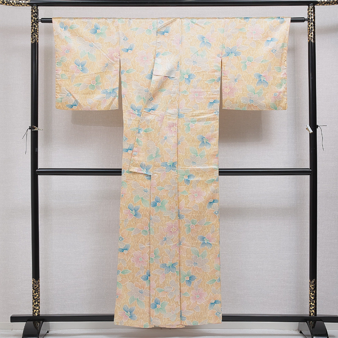 小紋 洗える着物 袷 身丈155cm 裄丈63cm ポリエステル Cランク Mサイズ 広衿 インフォーマル 花柄 朱系 1215-16116