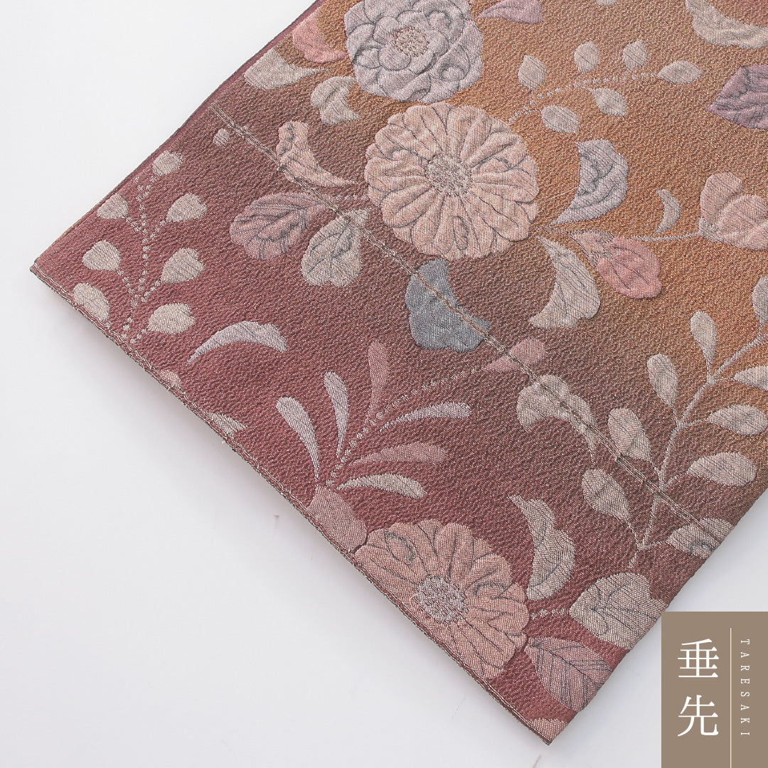 袋帯 帯丈432cm 正絹 六通 帯芯なし セミフォーマル ふくれ織 唐草華文 ピンク系 1243-02278