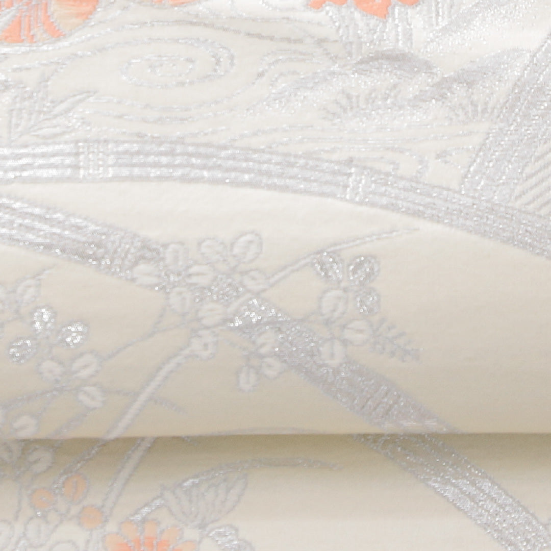 袋帯 帯丈416cm フォーマル 六通 帯芯なし Sランク 正絹 鳳凰 牡丹 クリーム系 1223-02284