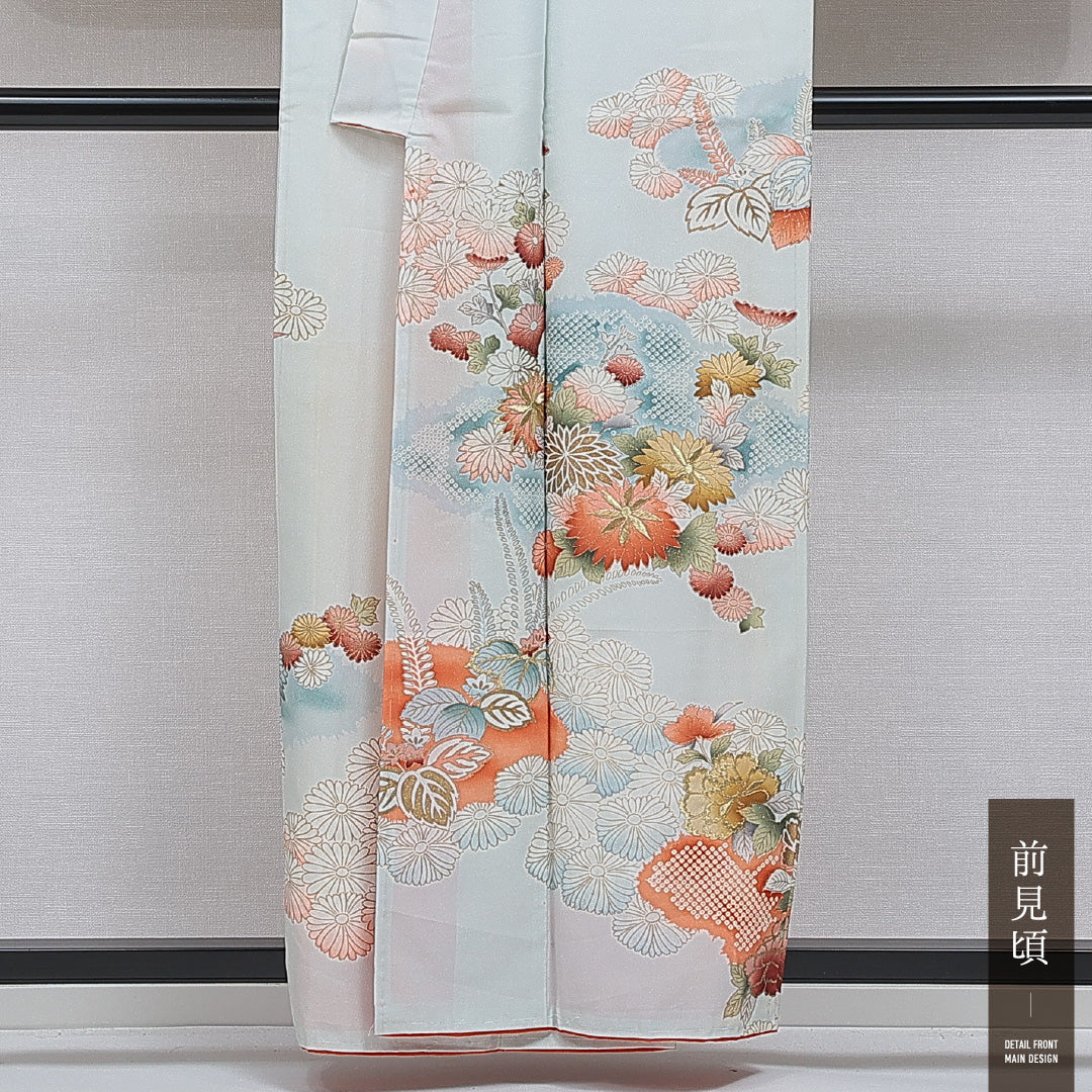 訪問着 洗える着物 袷 身丈160cm 裄丈64cm ポリエステル Cランク Lサイズ バチ衿 セミフォーマル 菊 桐 刺繍 水色系 1212-16096